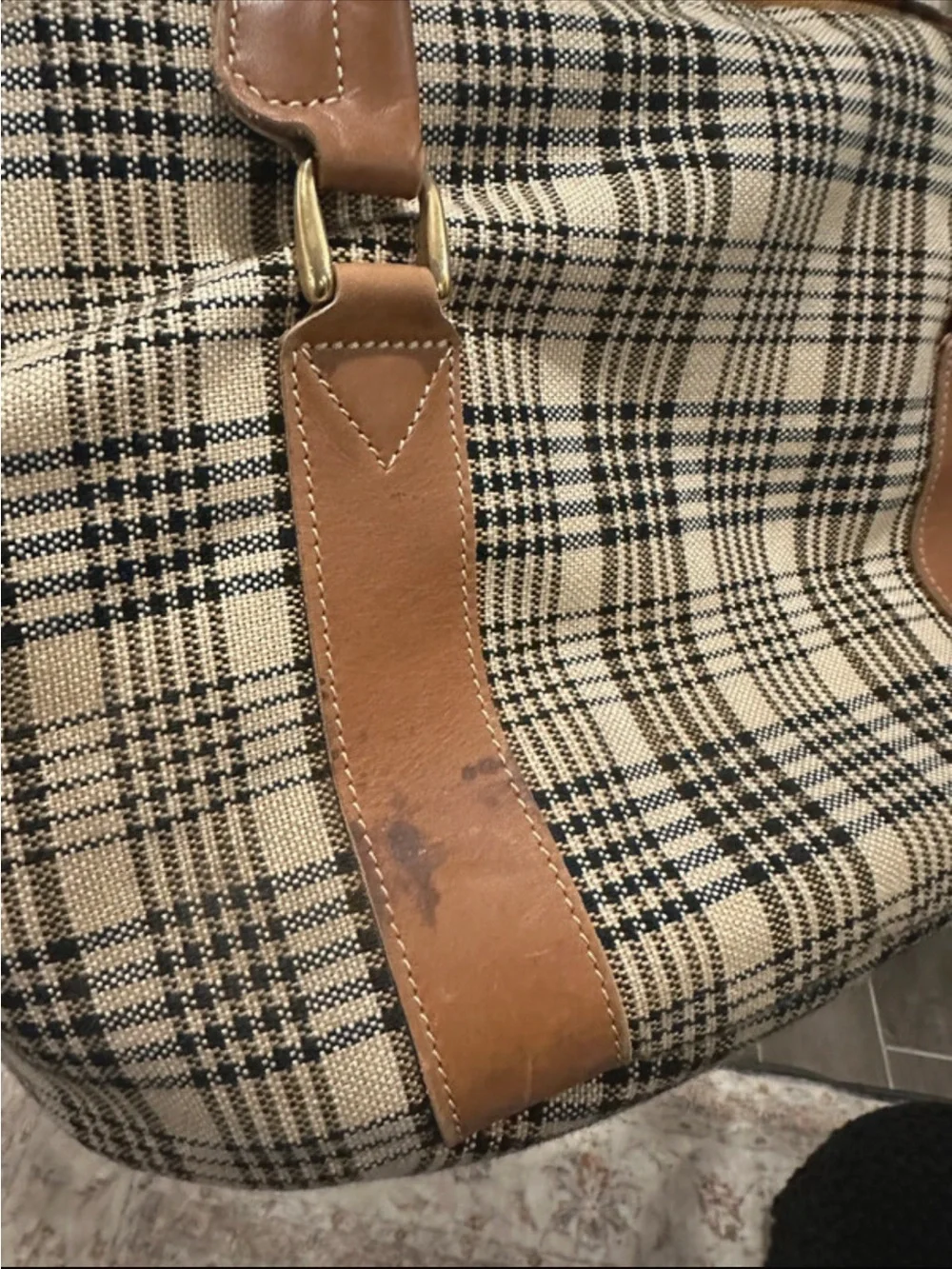 Vintage Plaid Tote Bag with Tan Leather Trim